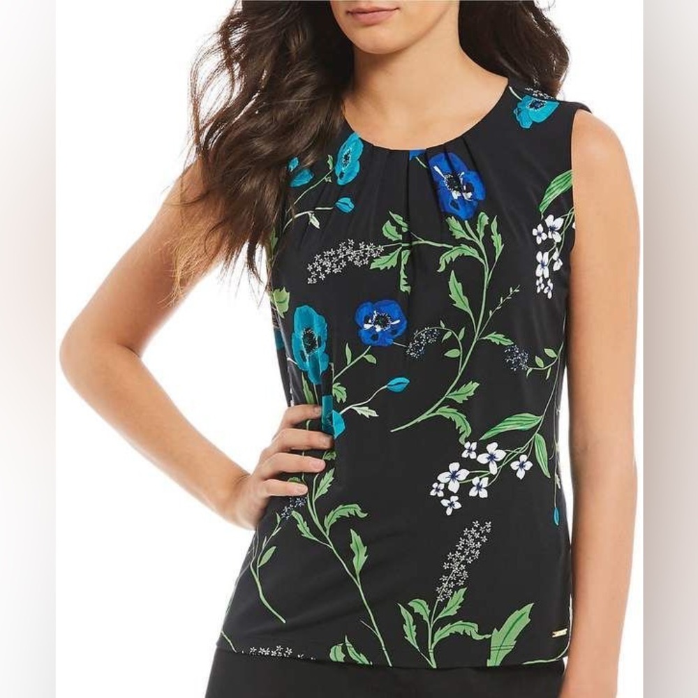 Calvin Klein Black Floral Print Pleated Sleeveless Blouse Size PM